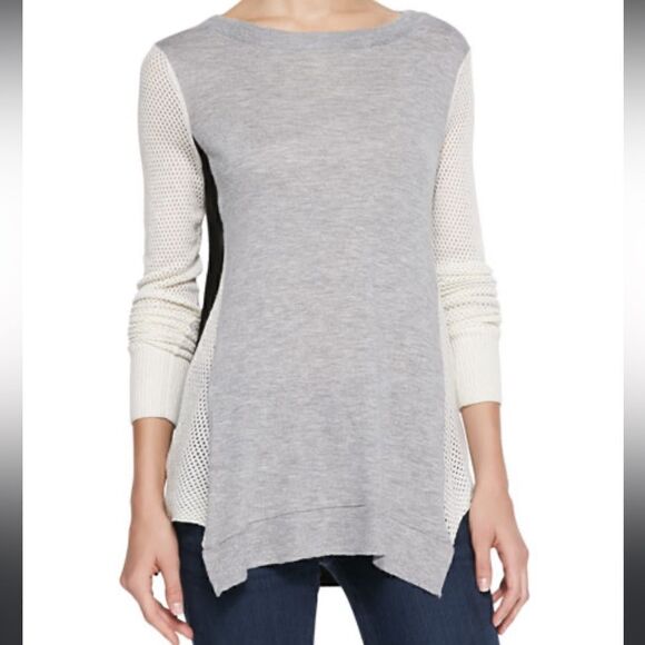REBECCA TAYLOR Colorblock Slub/Perforated Combo Sweater Grey White Black Small - Picture 1 of 7